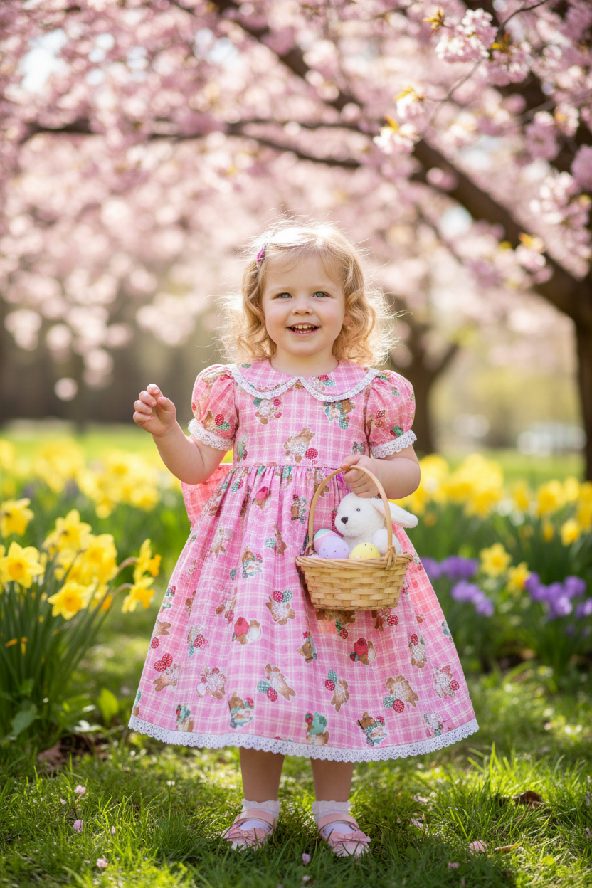 Little girl wearing handmade Easter dress made from vintage pink bunny plaid fabric, spring children's clothing inspiration