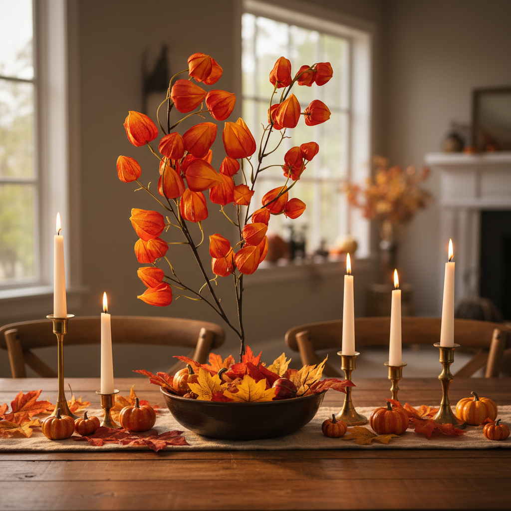 Two artificial orange Chinese lantern flower stems as fall centerpiece on dining table with autumn leaves and candles