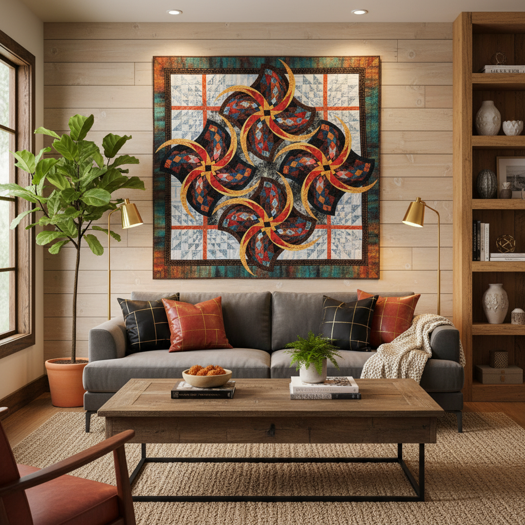 Bears Paw quilt with curved geometric blocks hanging on wall in styled rustic living room - home decor inspiration