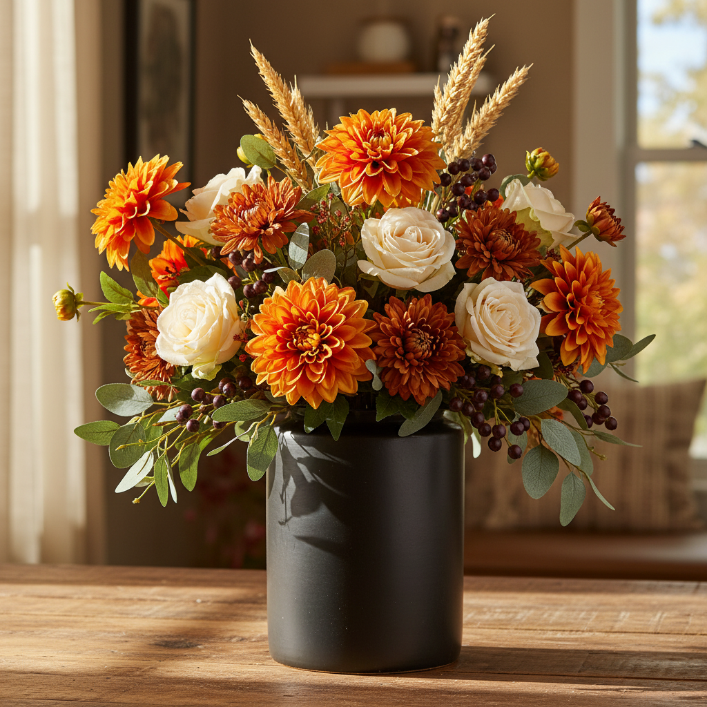 Fall harvest floral arrangement with orange dahlia stems, cream roses, rust chrysanthemums and dried wheat in dark ceramic vase