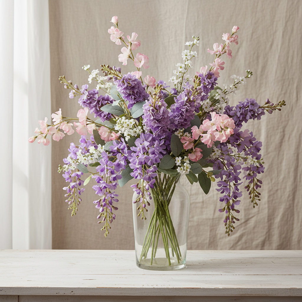 Blush pink sweet pea artificial flower stems mixed with lavender wisteria, lilac stock, and eucalyptus in a glass vase cottagecore arrangement