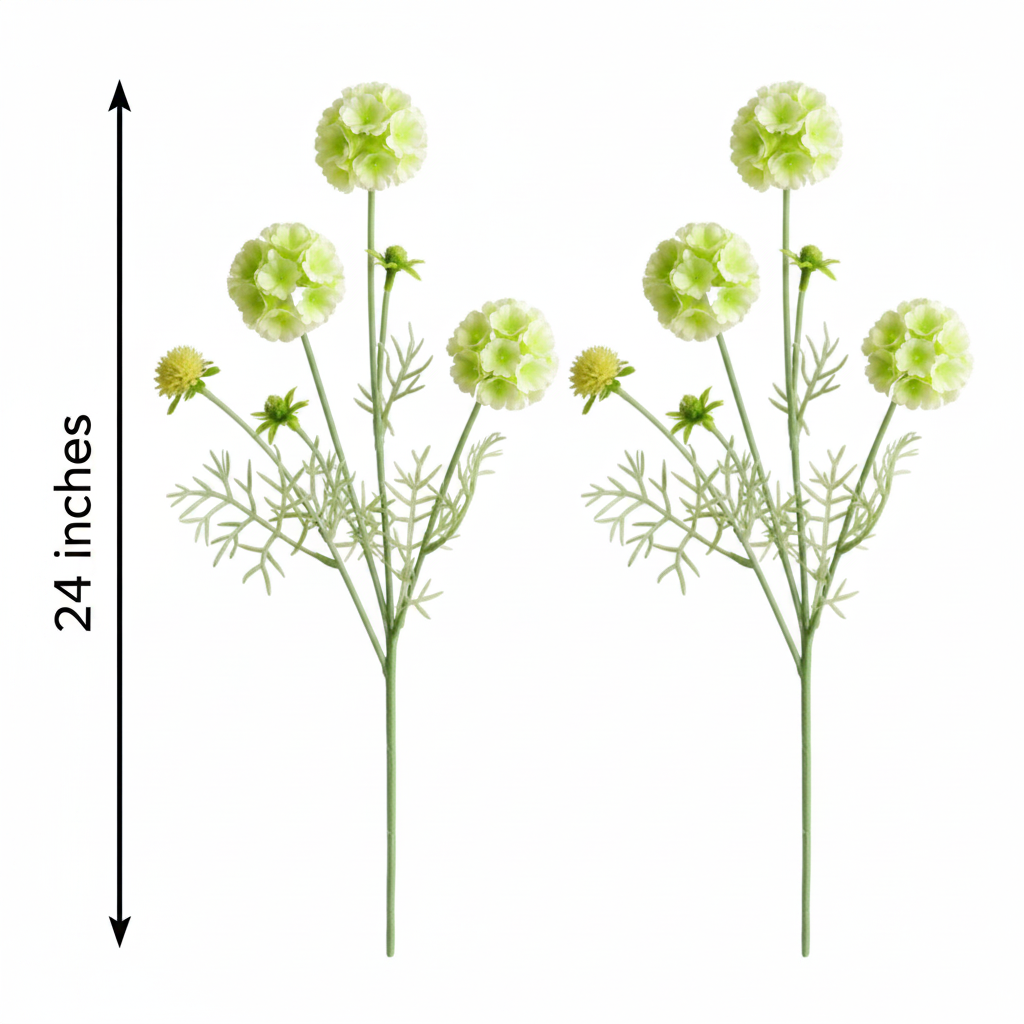 Flat lay measurement diagram of 2 faux green white scabiosa flower stems on white background with 24 inches height arrow