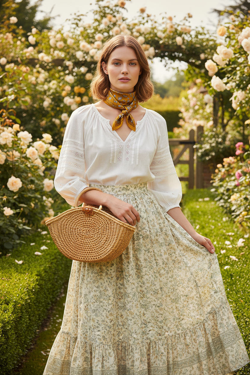 Woman with wavy light brown hair wearing mustard gold satin paisley scarf tied snugly and compact at the throat in a white prairie blouse and floral skirt with a woven basket in a bright English cottage garden