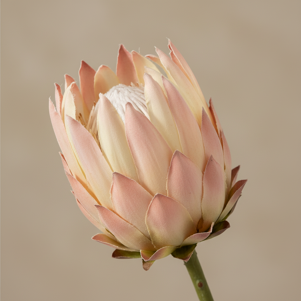 Close-up detail of artificial King Protea stem showing layered blush pink and cream petal texture botanical styling