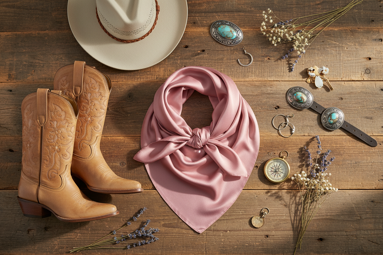 Dusty rose satin wild rag scarf styled with western accessories boots and cowboy hat