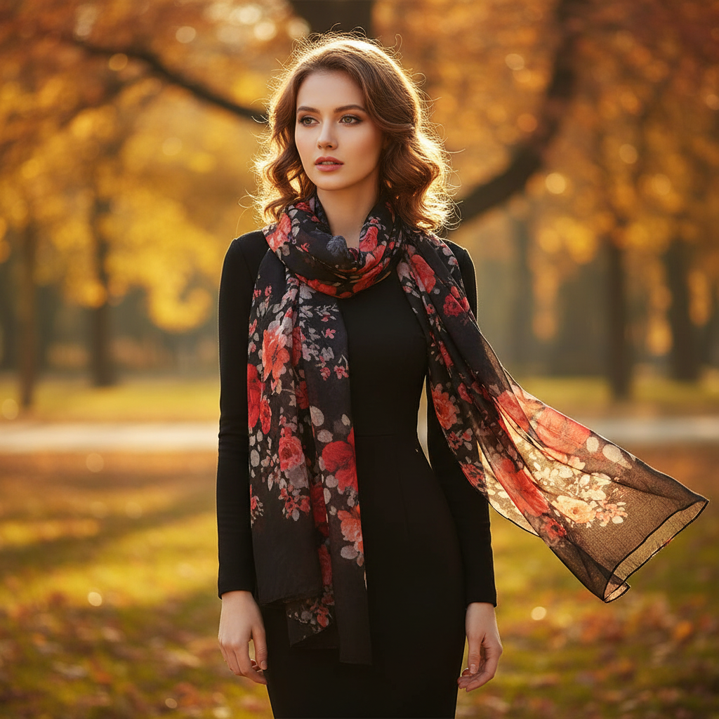 Woman wearing black chiffon red floral scarf as neck wrap in fall outdoor setting, elegant sophisticated style