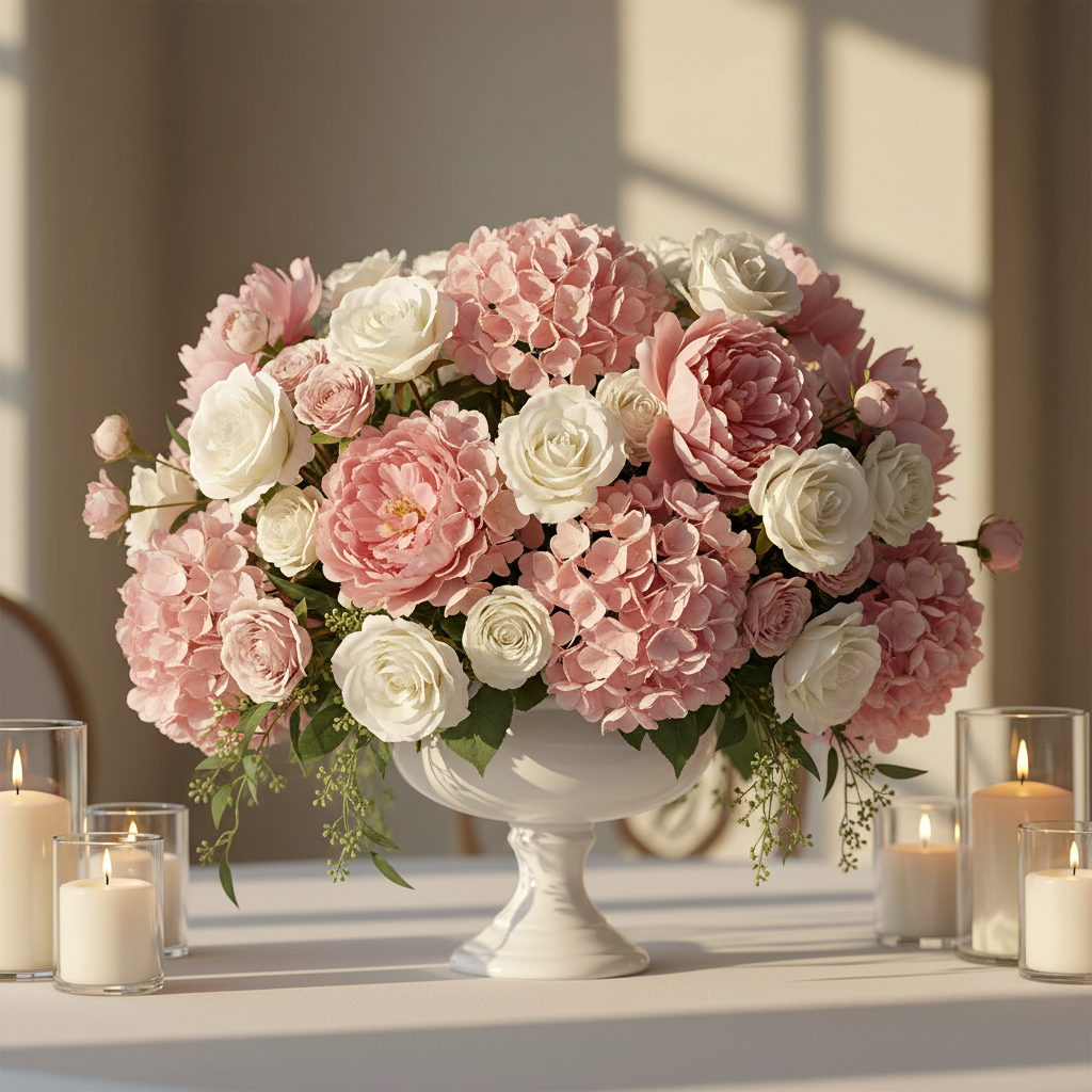 Blush pink hydrangeas white roses and pink peonies fully arranged in white pedestal vase elegant wedding reception centerpiece