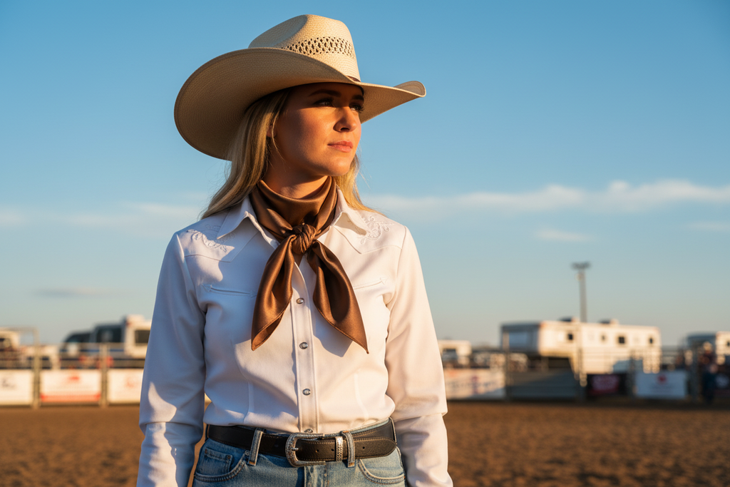 Saddle brown wild rag worn at summer rodeo with blue sky, white western shirt and light denim