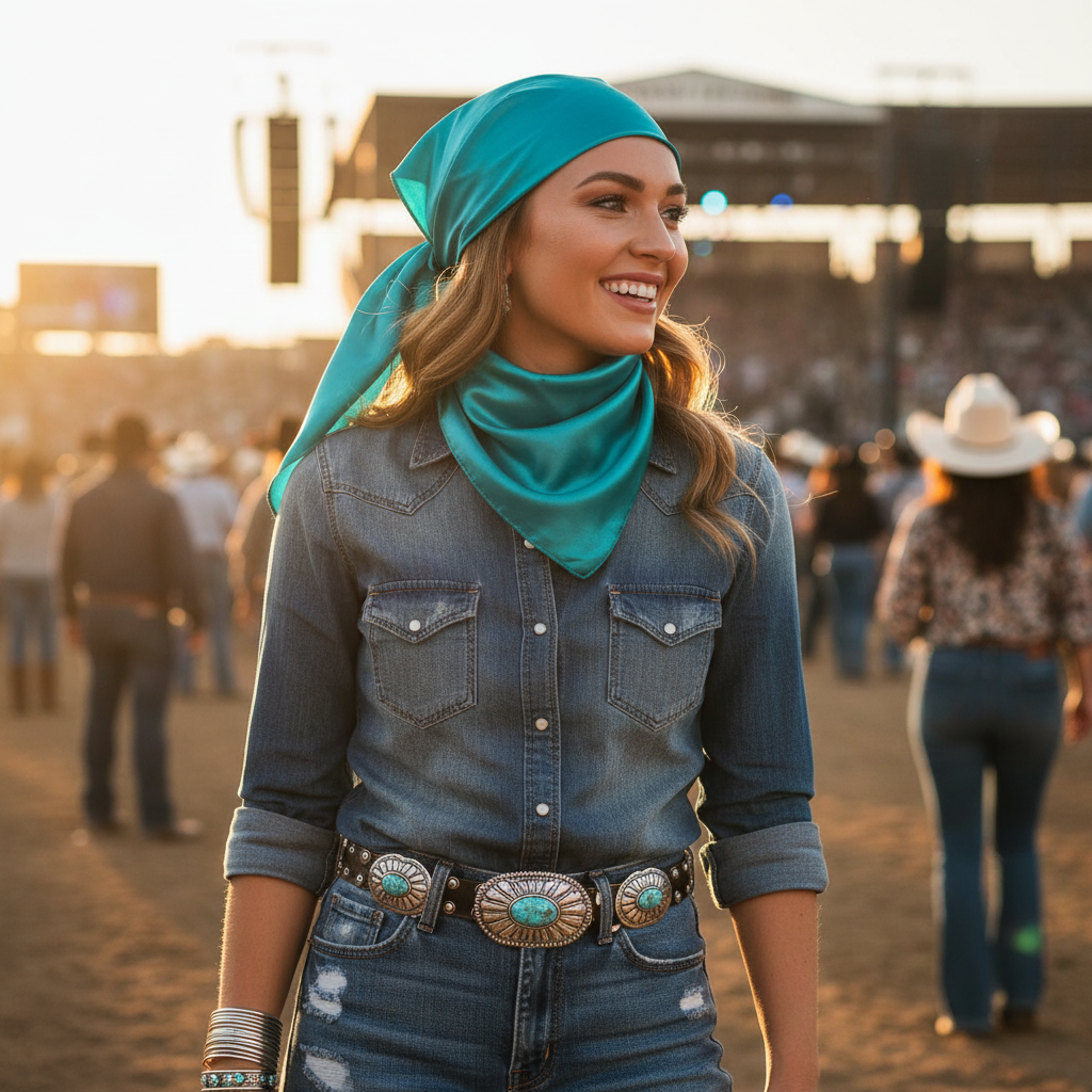 Teal blue wild rag scarf styled as head scarf at rodeo with western jewelry