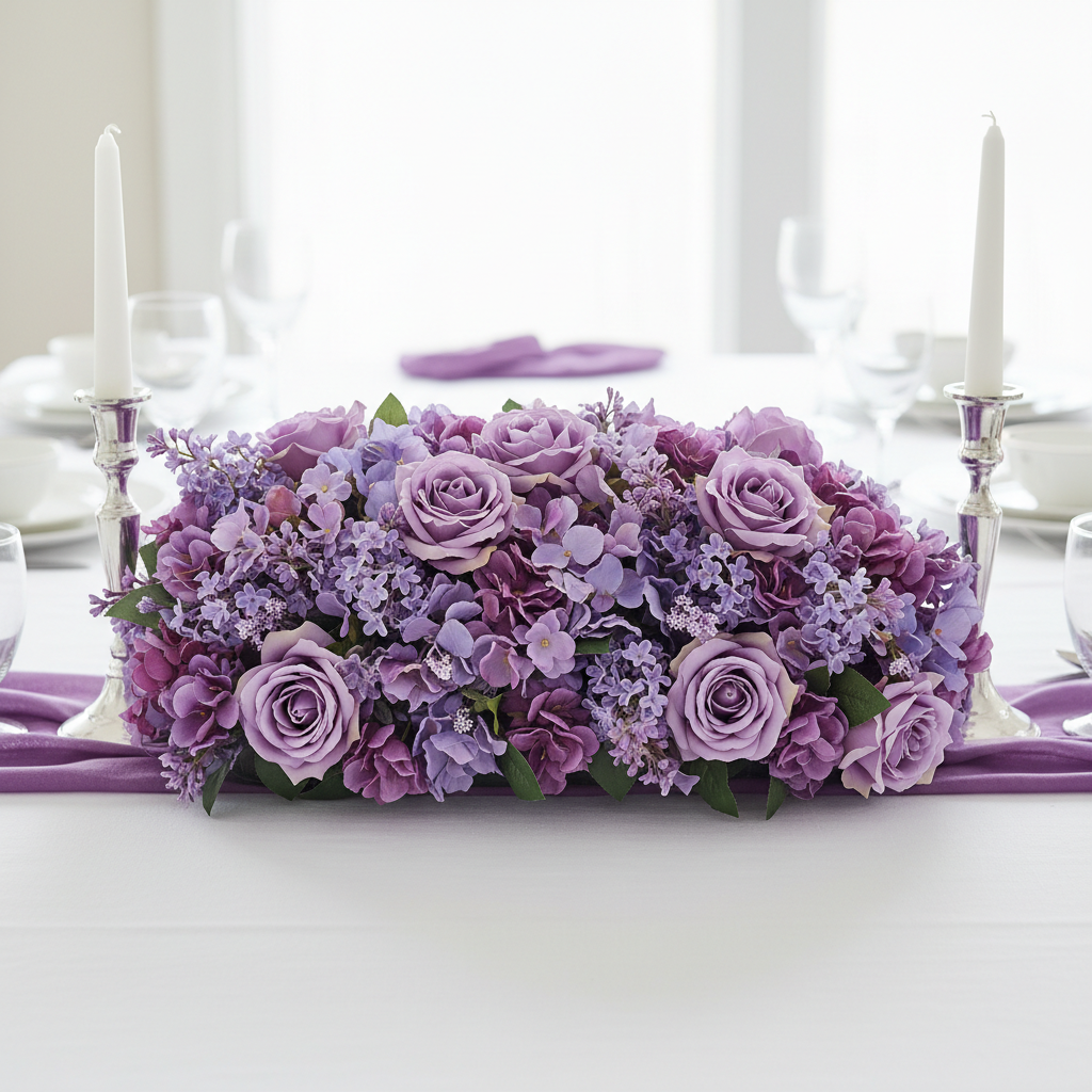 Lavender and purple artificial silk flower rectangular centerpiece on dry floral foam block for bridal shower or baby shower