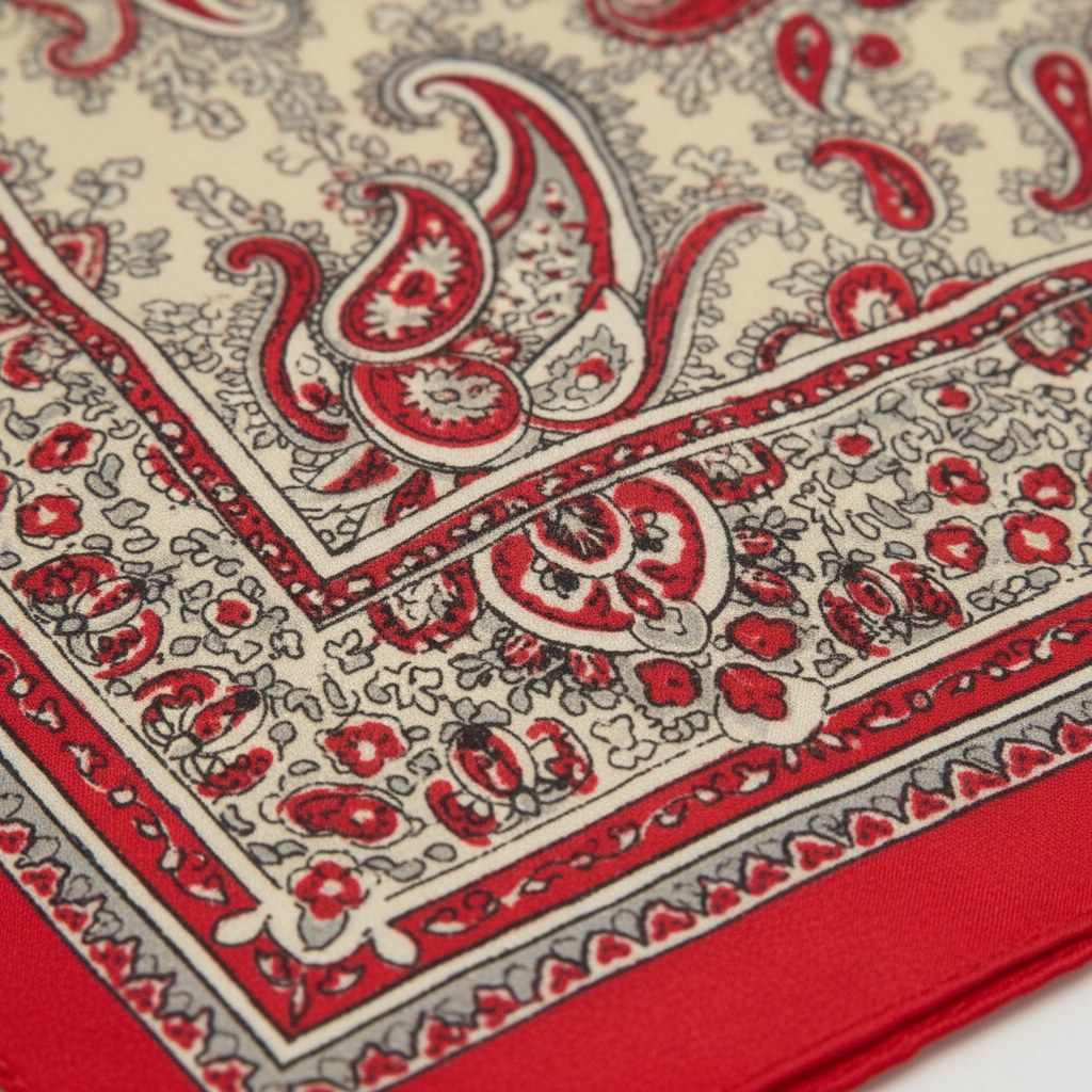 Close-up detail of red cream and black paisley satin wild rag scarf showing intricate pattern and silky fabric texture