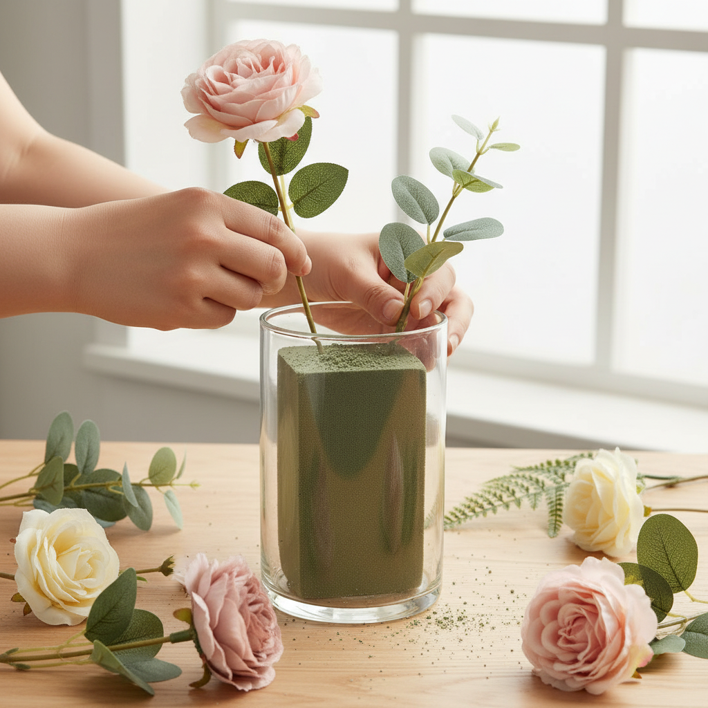 Hands inserting artificial silk roses and faux greenery into a single green dry floral foam brick inside a clear glass vase to create a floral centerpiece