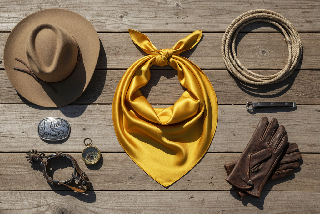 Bright gold wild rag with tan cowboy hat, brown leather gloves, and western accessories