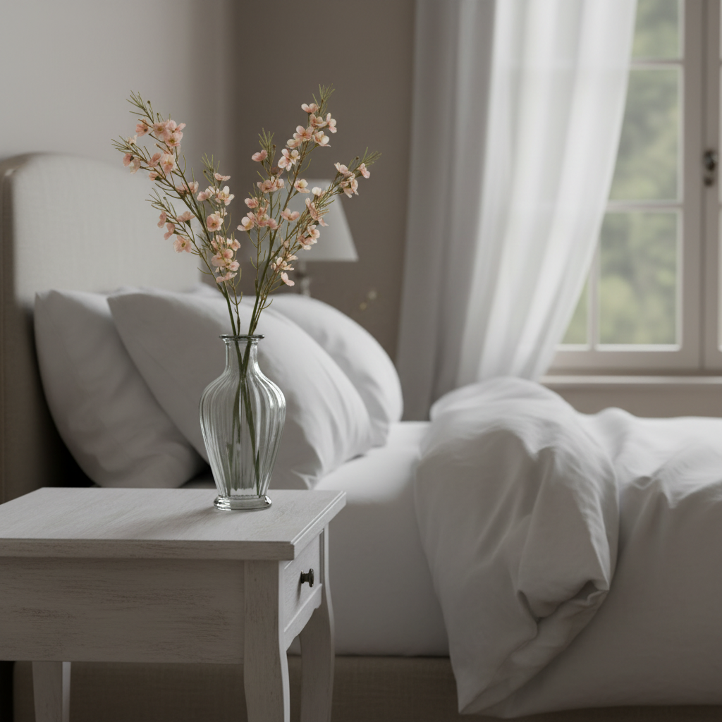Artificial blush pink dogwood stems in vintage glass vase on French country bedroom nightstand with soft linen bedding