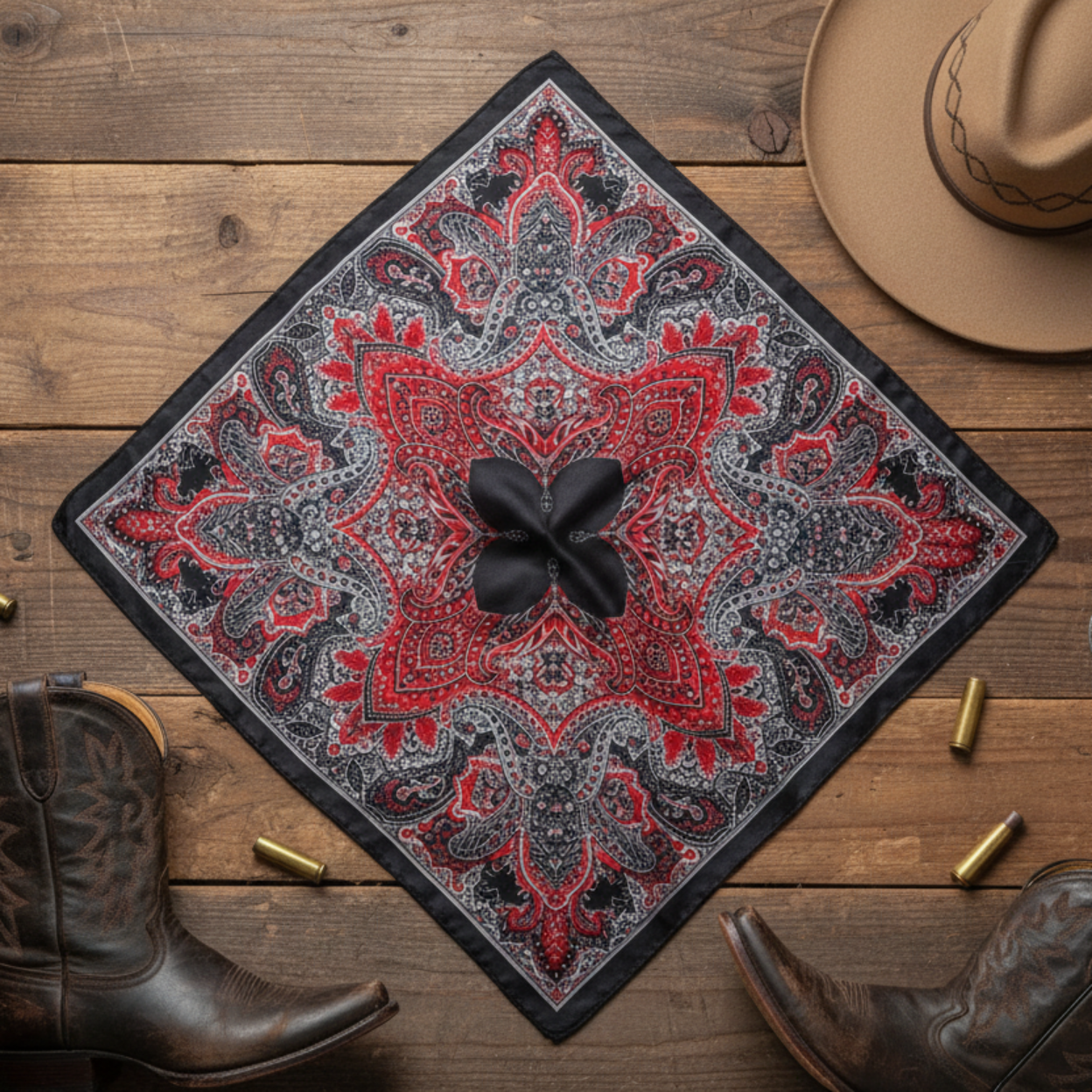 Black and red paisley wild rag scarf flat lay with western accessories on barn wood