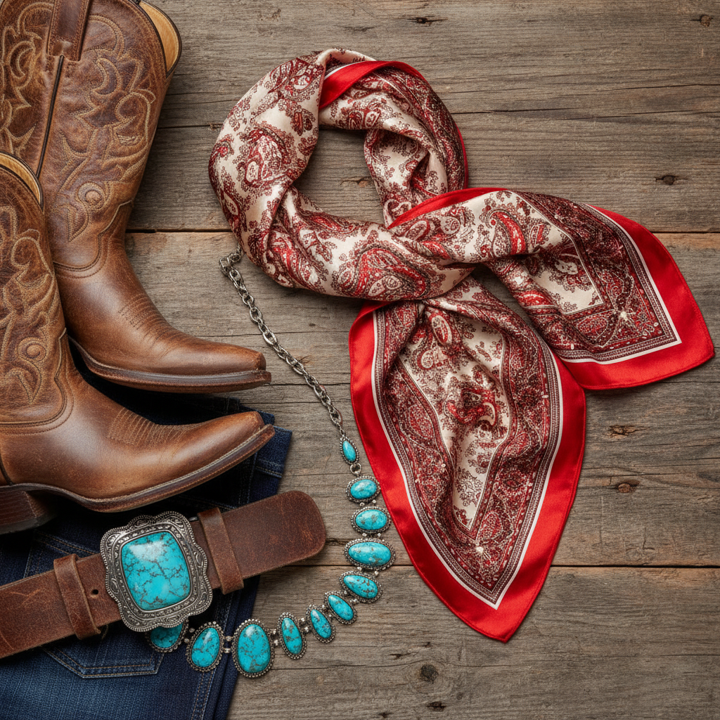 Flat lay red paisley satin square scarf with western accessories cowboy boots turquoise jewelry leather belt denim