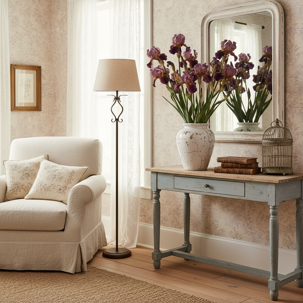 Artificial deep purple iris in distressed white vase, shabby chic French country cottage home decor, proportional medium-height stems with tiny blooms