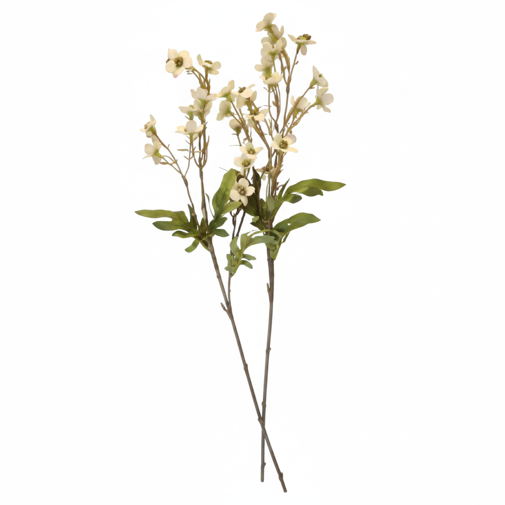 2 artificial dogwood stems with cream white blossoms and green foliage on pure white background, 24 inch faux wax flower bunch