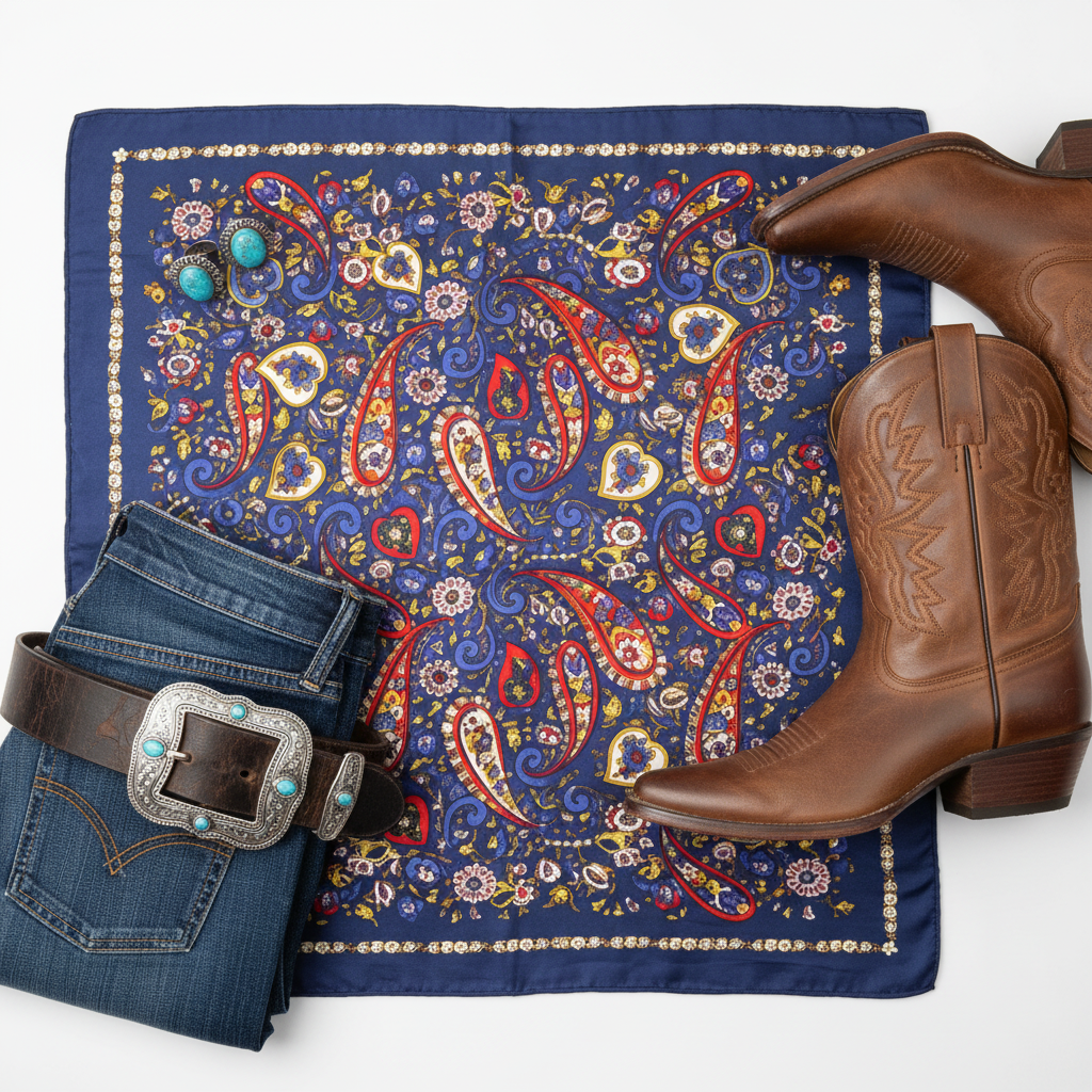 Flat lay of navy paisley wild rag scarf with western accessories including cowboy boots, leather belt, turquoise jewelry, and denim