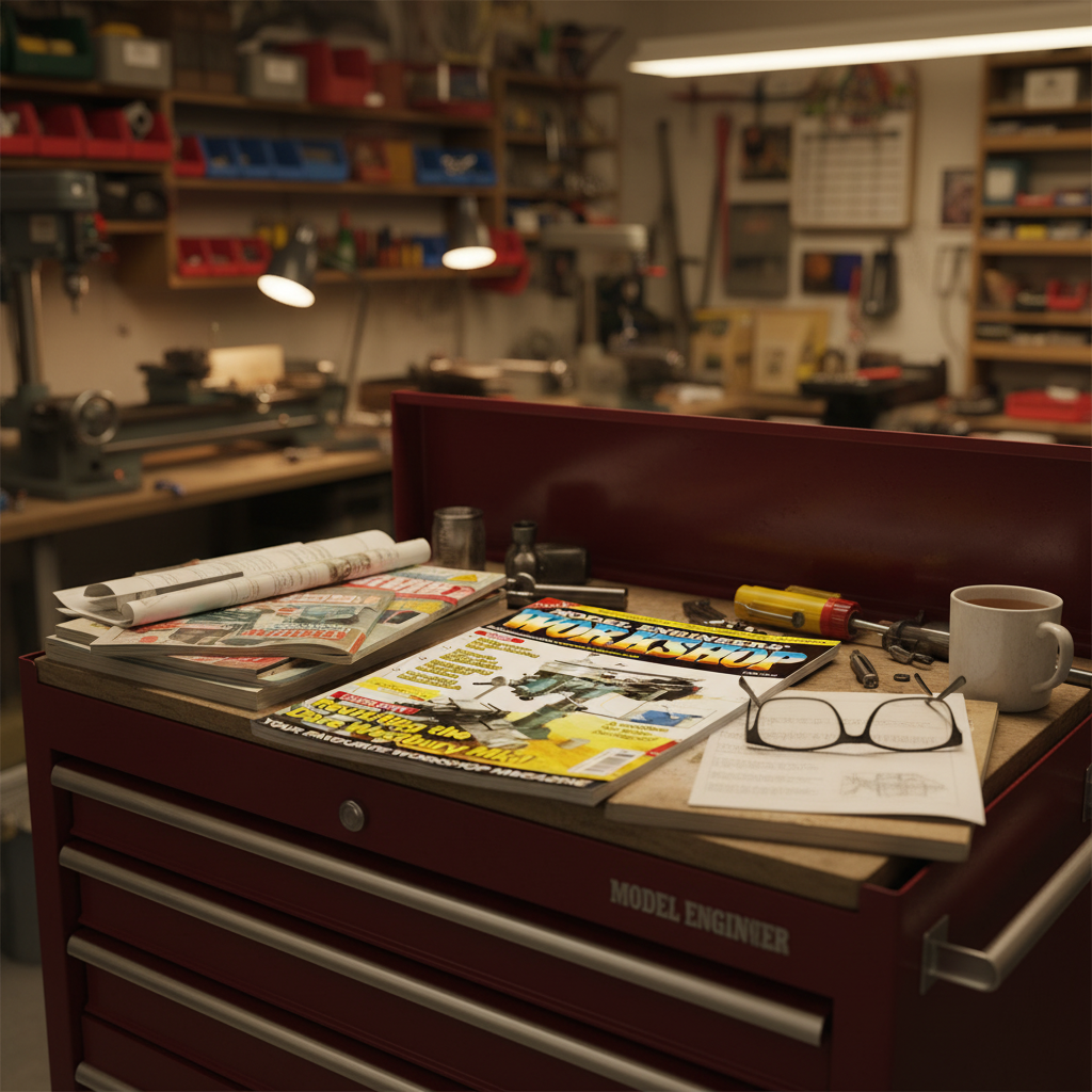 Model Engineers Workshop magazine in home workshop with hobby engineering collection