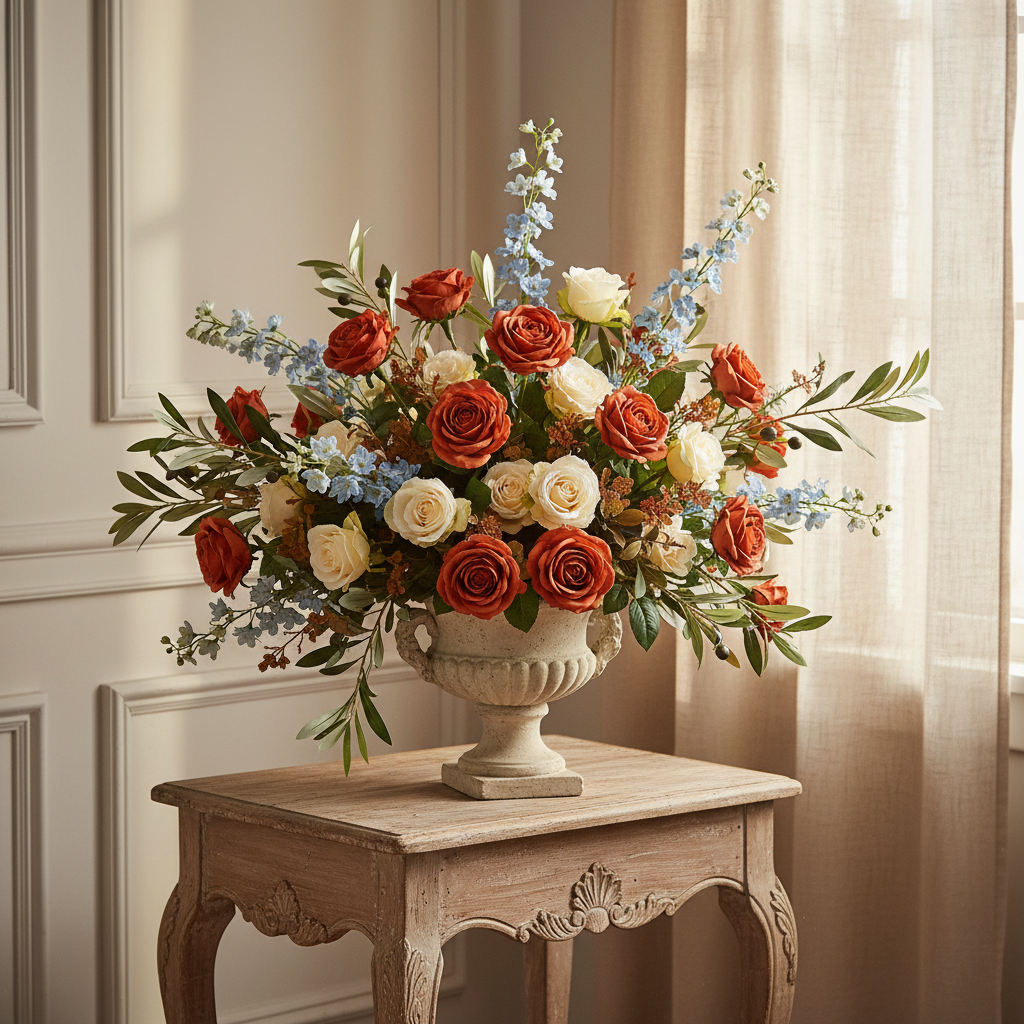 Artificial terracotta roses with cream roses, blue delphinium, and olive branches in an aged cream stone pottery urn on an antique French country side table with ornate white paneling and sheer linen curtains