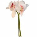 Artificial white Cymbidium orchid bouquet set of 6 stems with blush pink and red centers on pure white background, faux orchid floral arrangement 15 inch