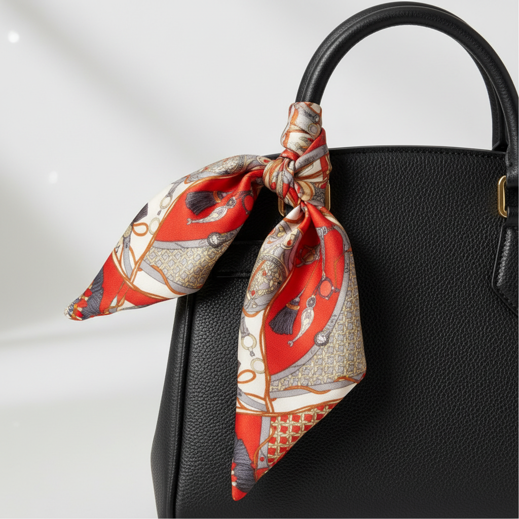 Red equestrian harness satin scarf 20x20 tied on handbag handle as designer accessory