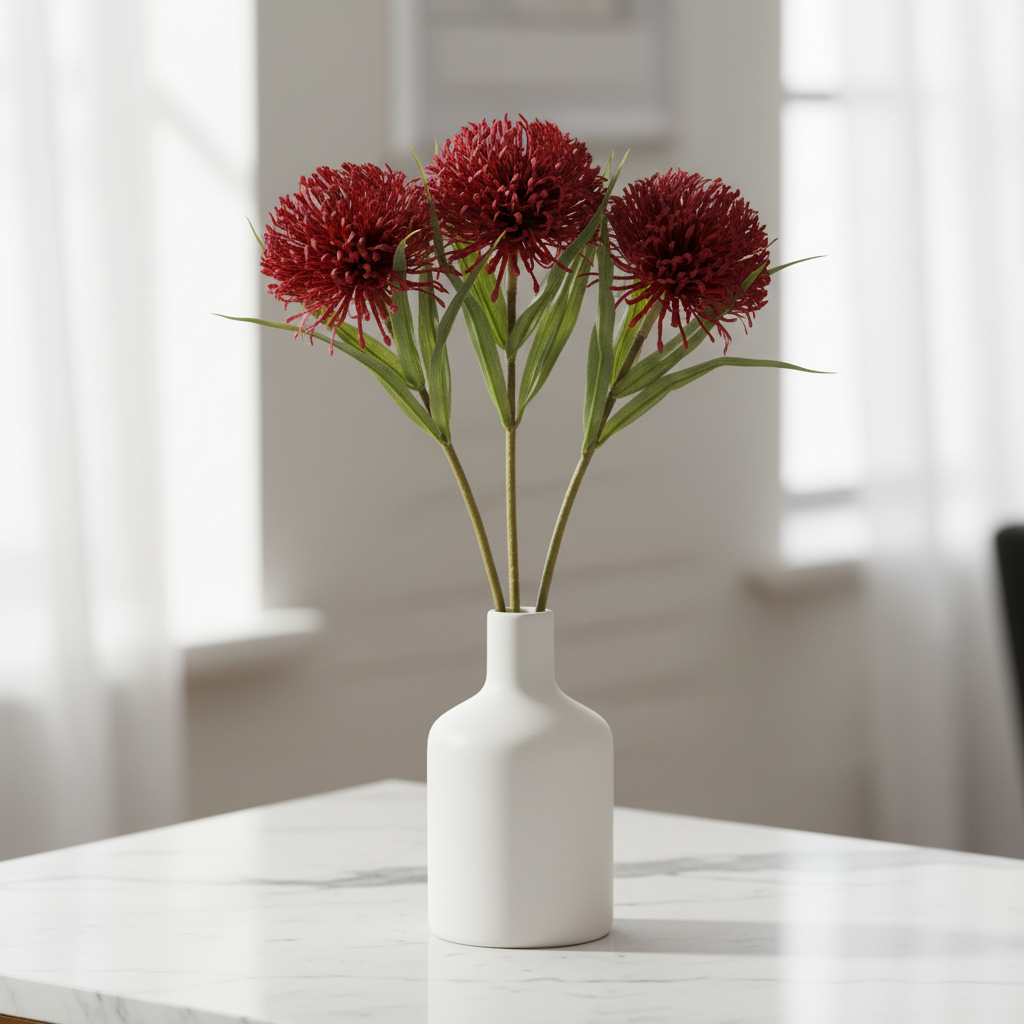 Close-up of burgundy artificial pincushion protea flower in minimalist vase on marble surface with soft natural light