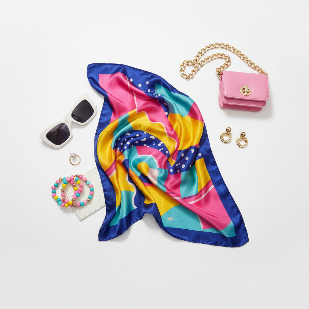 Retro Geometric Satin Scarf 20x20 Flat Lay with Fashion Accessories Styling Multicolor