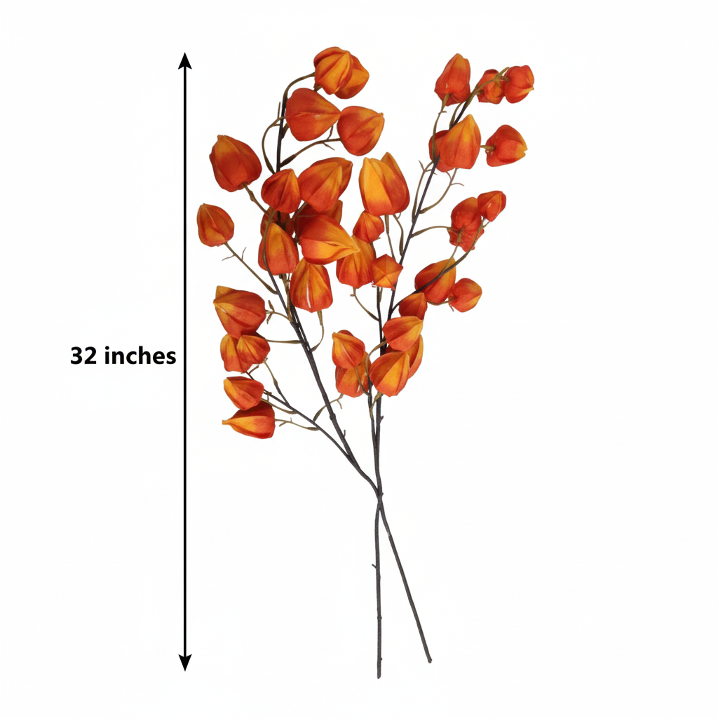 Artificial orange Chinese lantern flower stems measurement diagram showing 32 inch height