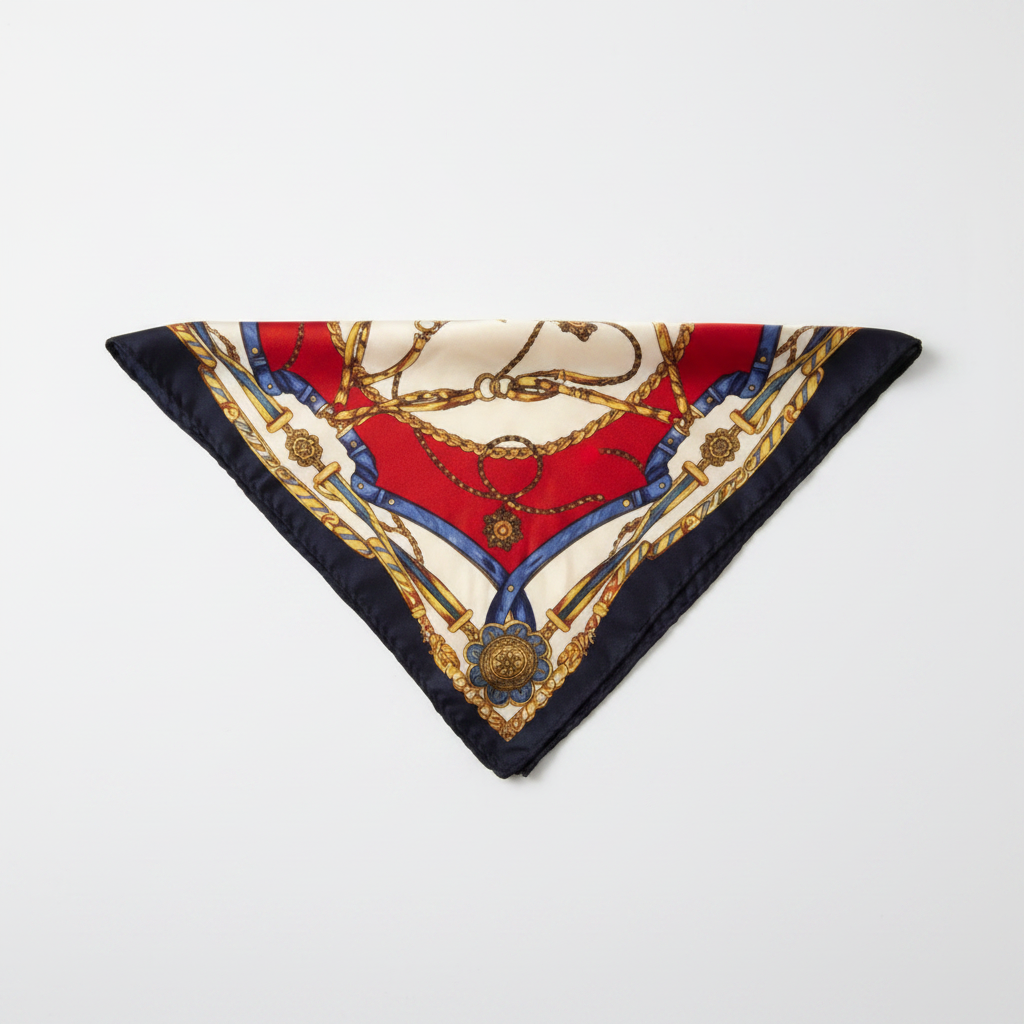 Red navy gold equestrian chain satin square scarf folded into triangle on white background showing chain motif and decorative border