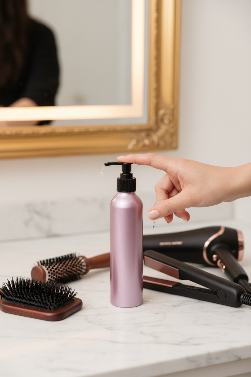Rosy mauve metallic pink aluminum pump bottle on bathroom vanity hair care station, hand pressing pump with brushes and styling tools nearby