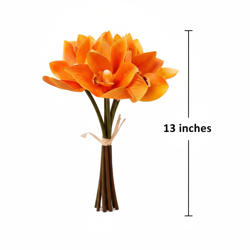 Orange orchid bouquet measurement diagram showing 13 inch height
