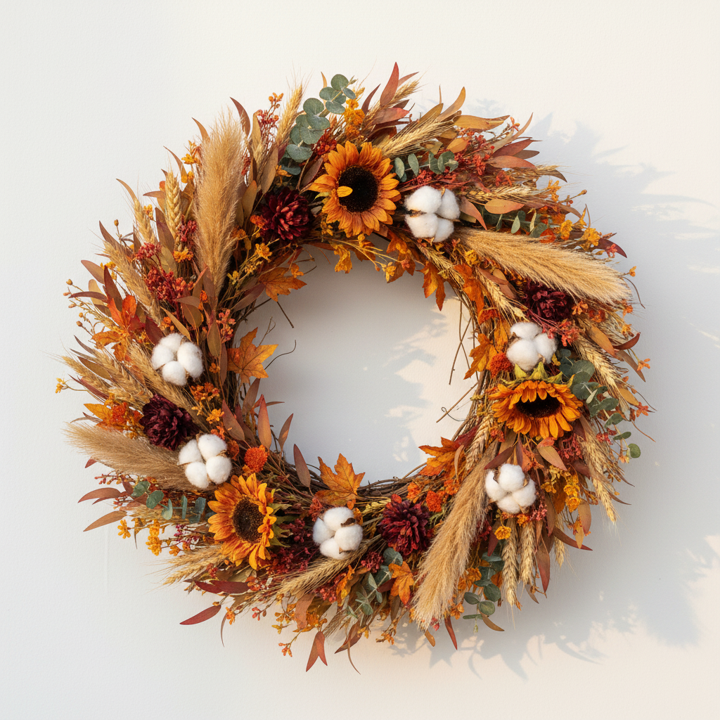 Caramel tan faux pampas grass stems scattered throughout a boho fall wreath with dried sunflowers, dahlias, wheat, cotton stems and eucalyptus on white wall