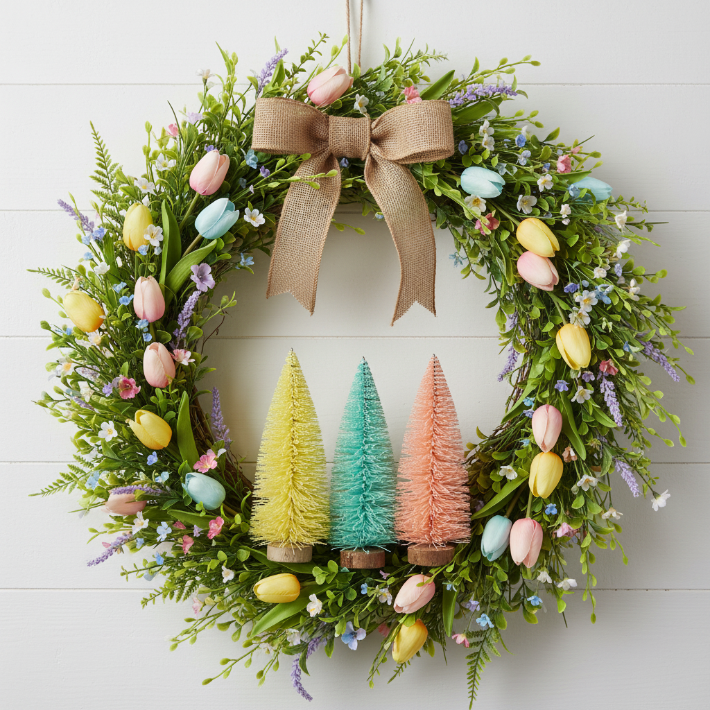Spring wreath with pastel bottle brush trees and tulips on white shiplap cottage wall