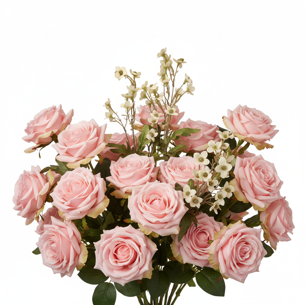 Artificial dogwood stems used as filler flower in professional blush pink rose floral shop bouquet arrangement