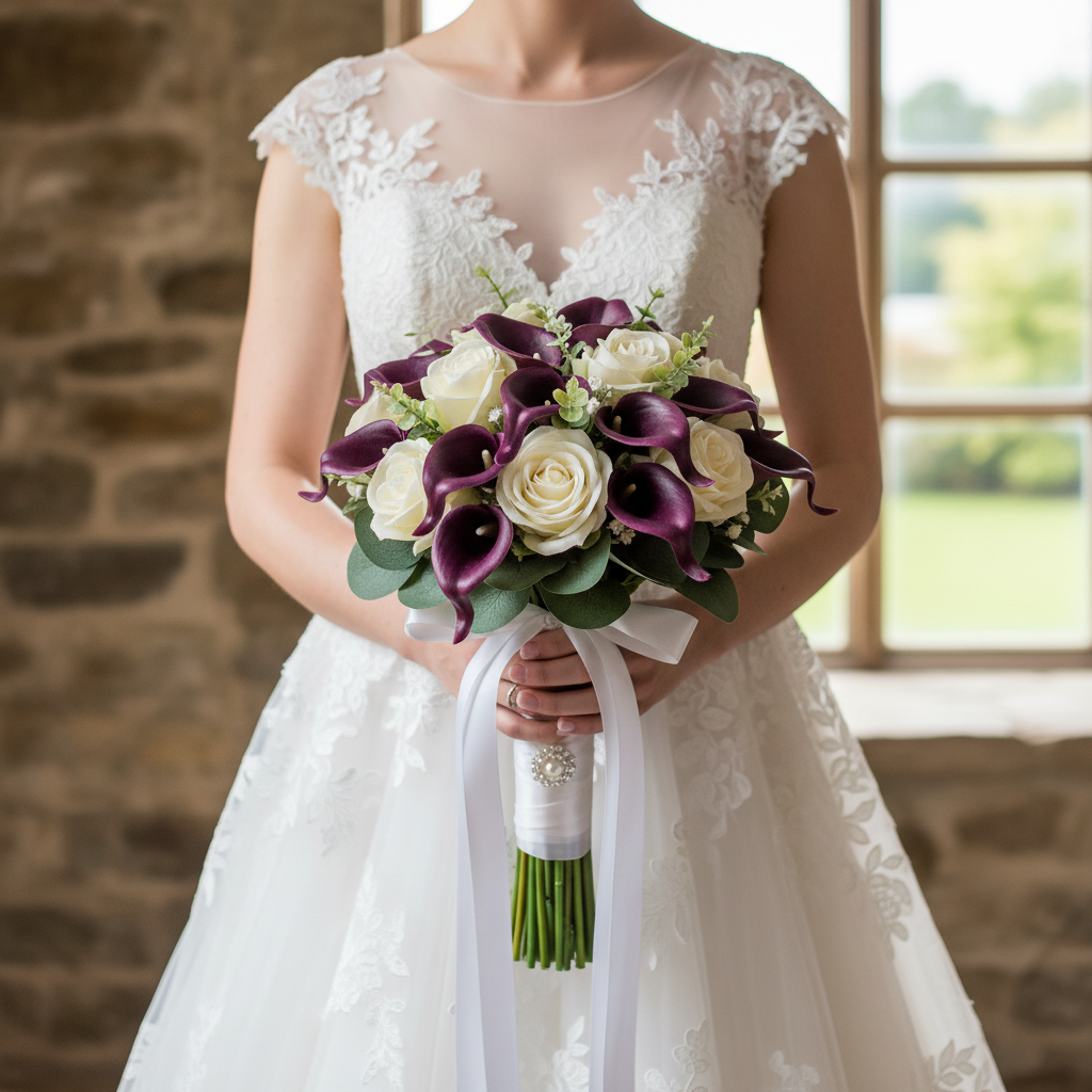 Artificial purple calla lily and white rose bridal bouquet held by bride in white wedding dress, romantic soft lighting