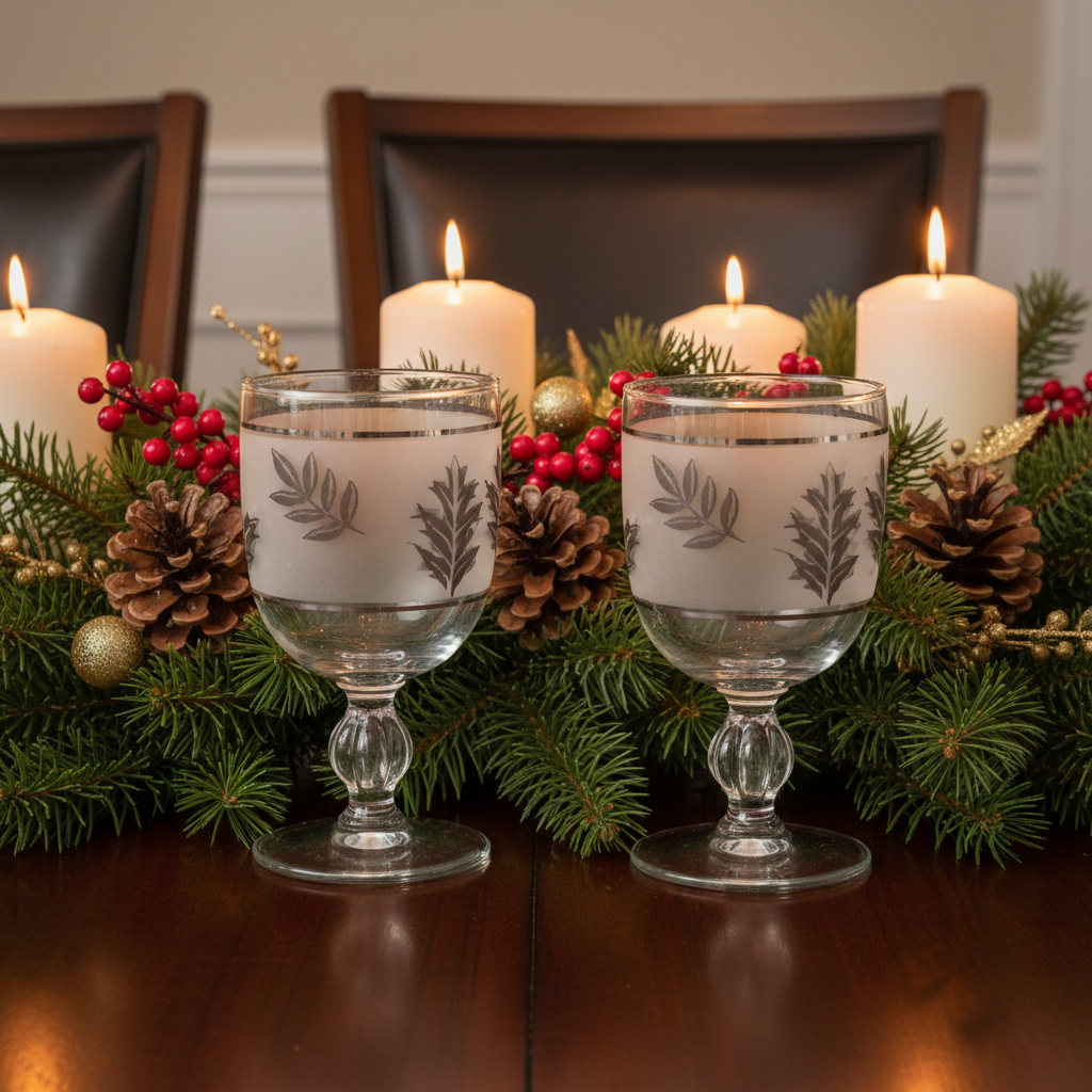 Vintage Libbey frosted silver leaf goblets styled on a festive holiday Christmas table with evergreen garland and candles