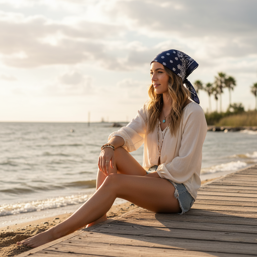 Coastal cowgirl wearing navy blue paisley scarf as hair wrap at beach, breezy summer style