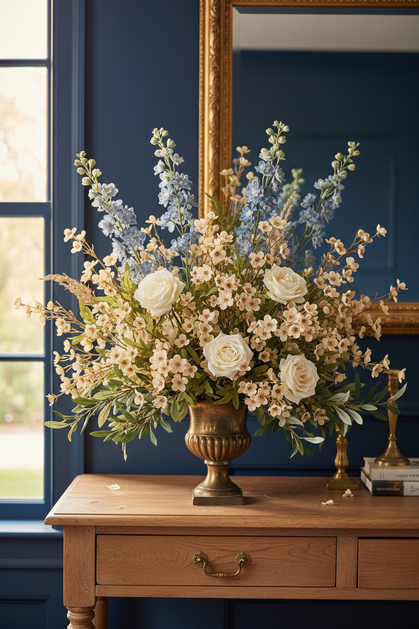Cream beige dogwood wildflower stems with ivory roses and dusty blue delphinium in brass urn on antique console - French country blue room with gold mirror