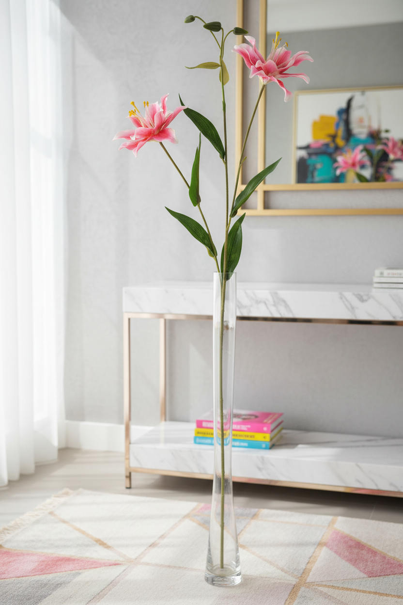 Hot pink lily stems in tall clear glass vase on white marble console table, modern vibrant home decor