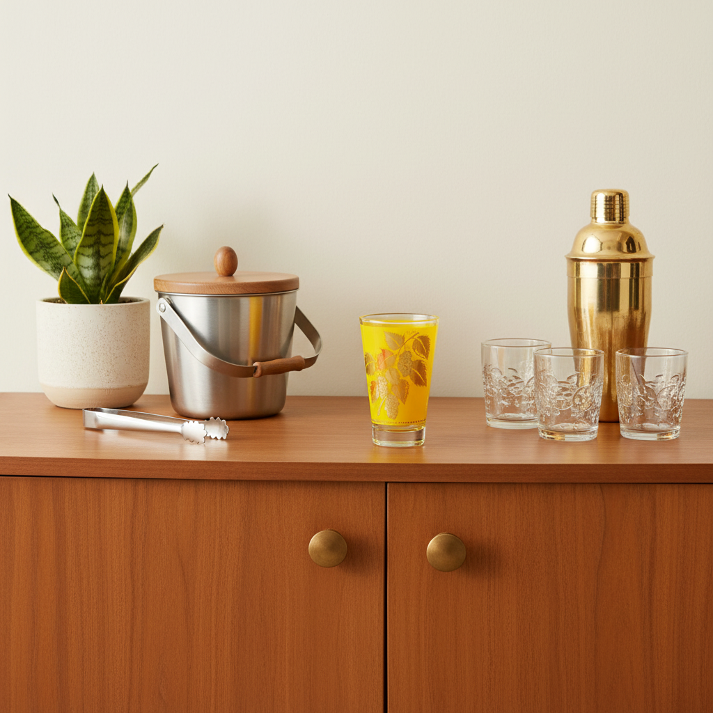 Vintage Libbey golden yellow grape leaf tumbler displayed in mid-century modern barware collection on sideboard, collectible retro glassware