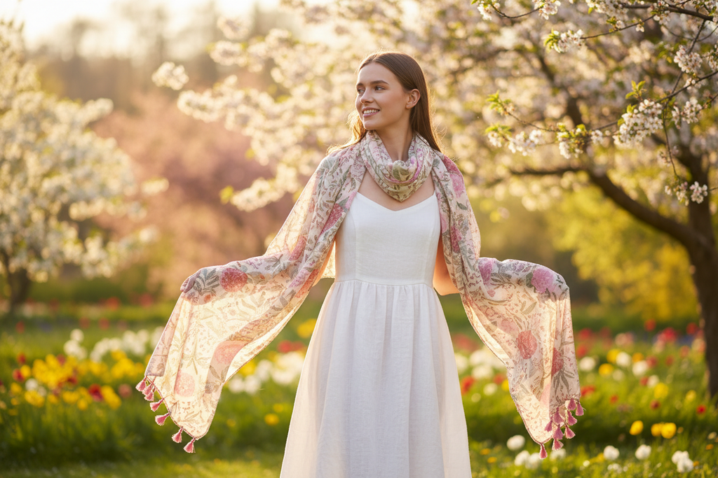 Woman wearing pink floral scarf in sunlit garden