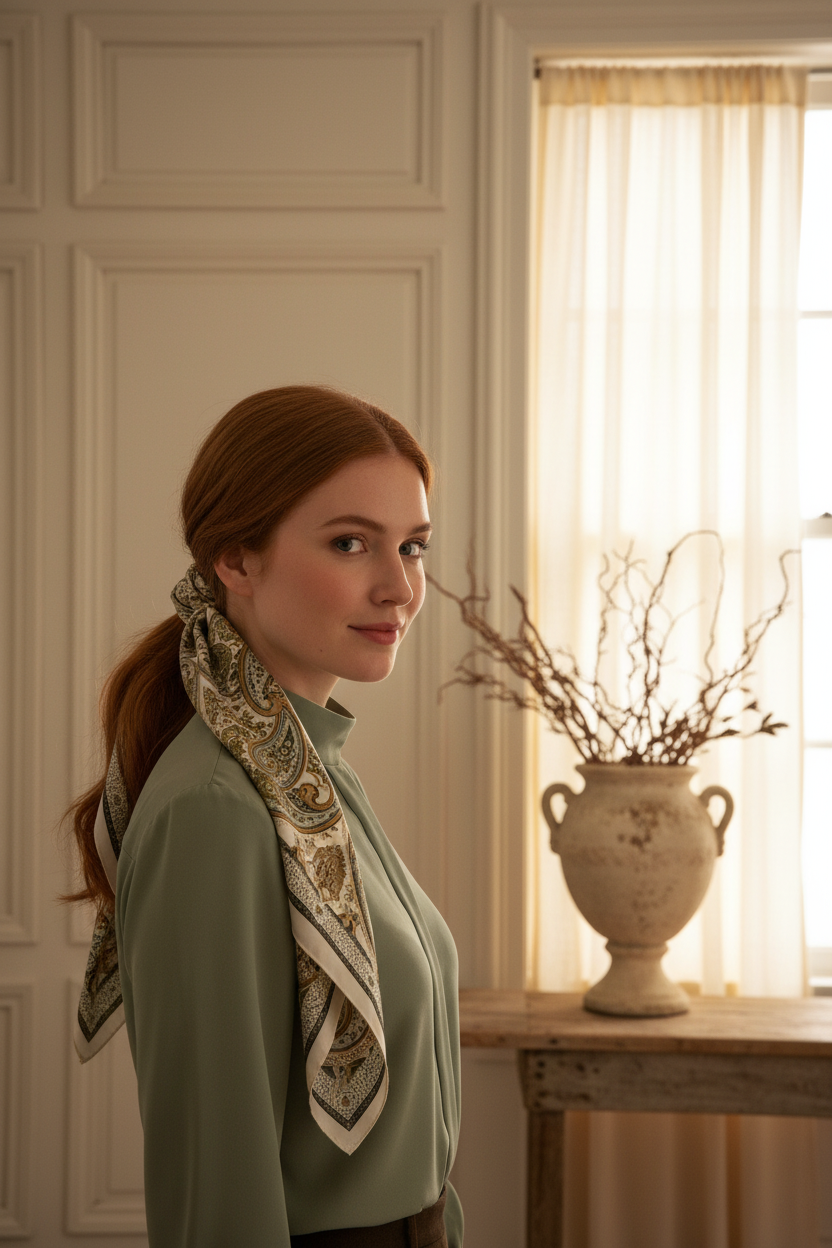 Ivory sage green paisley square scarf tied as ponytail wrap French country equestrian styling