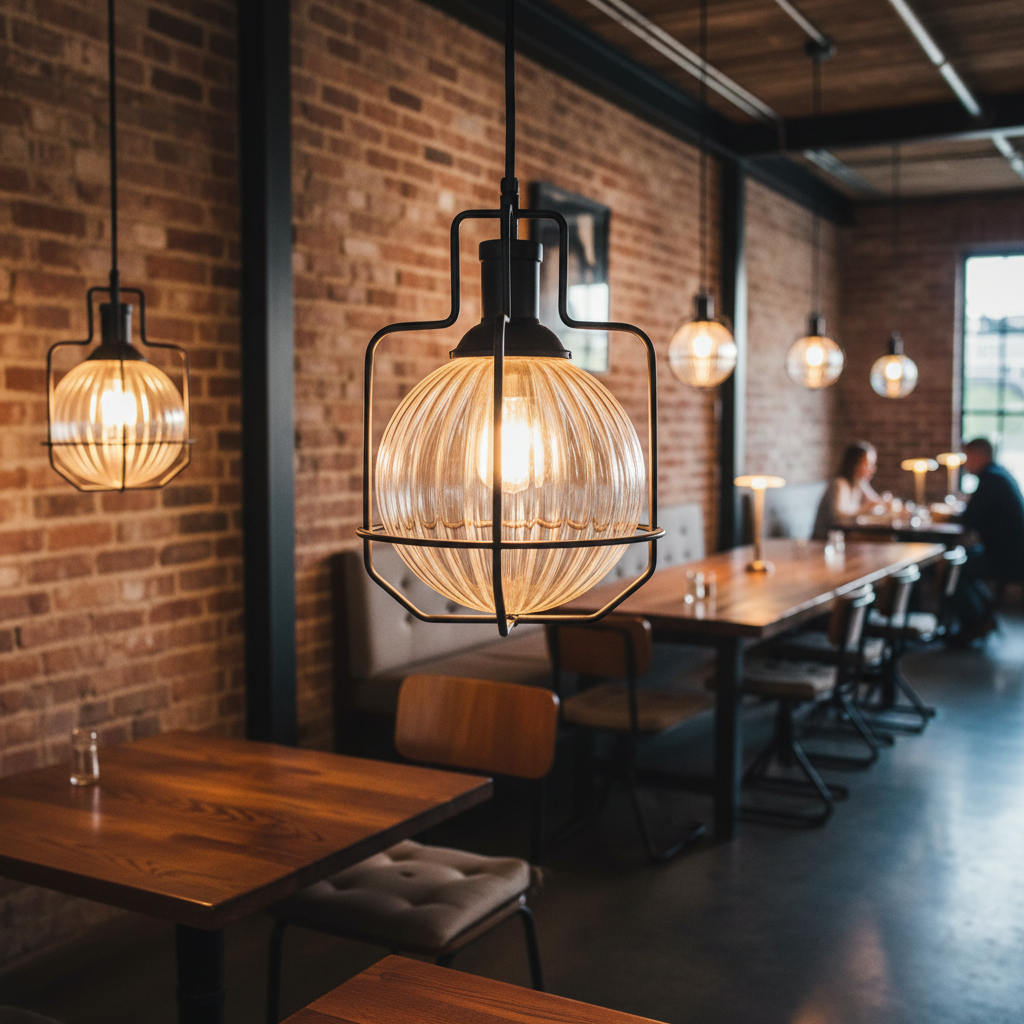 Clear ribbed glass globe on industrial matte black pendant fixture in modern restaurant with exposed brick