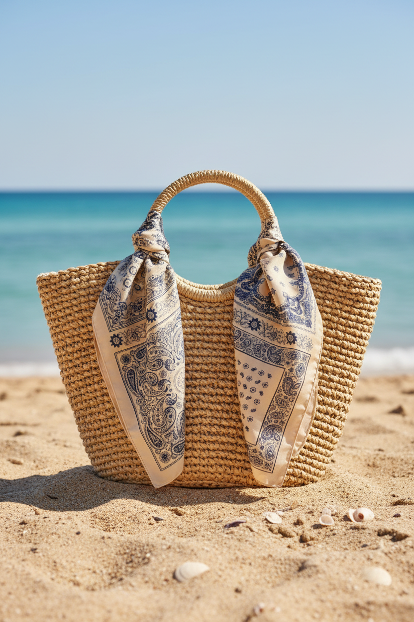 Beige and navy blue paisley square scarf loosely draped over natural straw beach bag on sandy beach with ocean in background