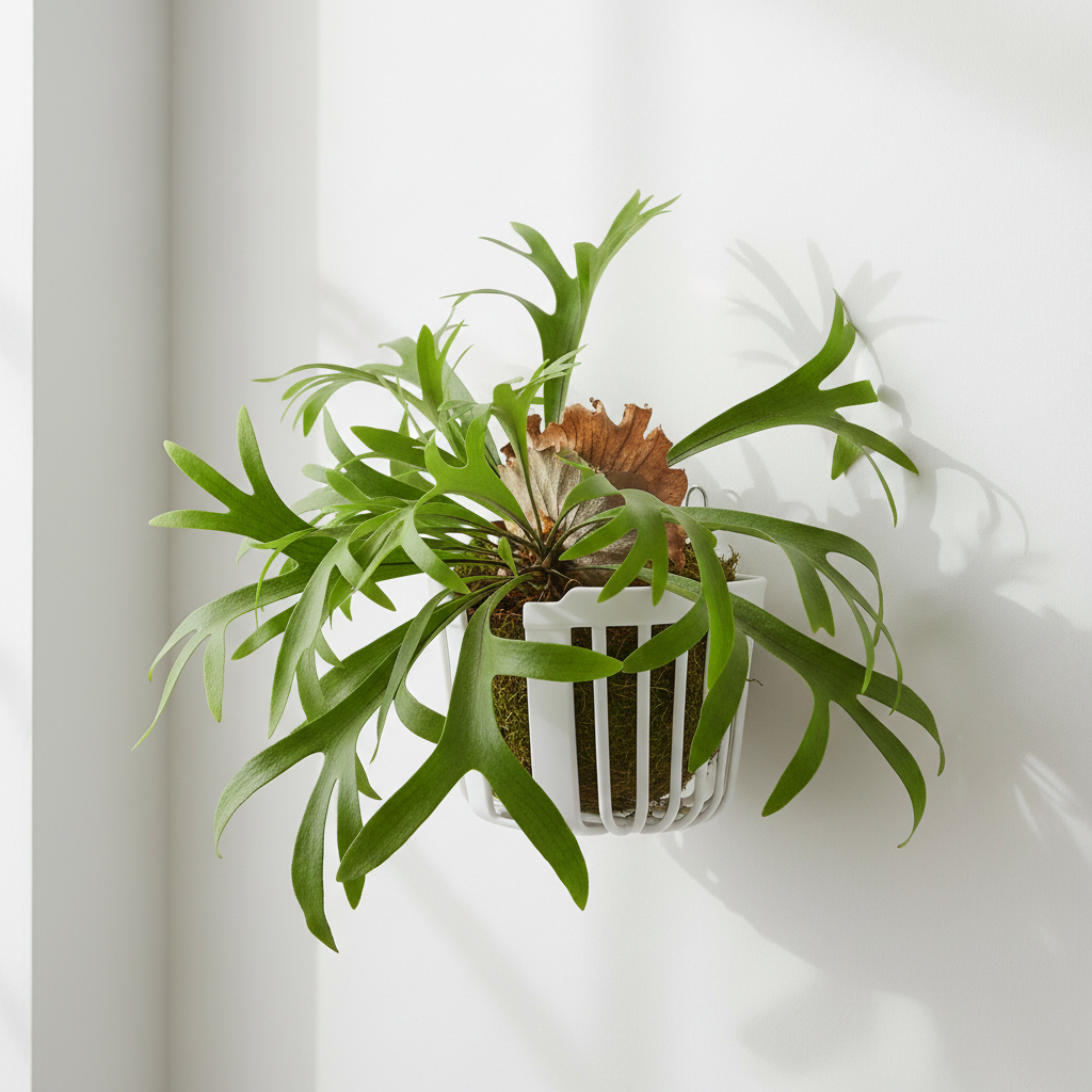 White acrylic hanging planter basket with lush staghorn fern mounted inside hanging on white wall modern minimalist home decor