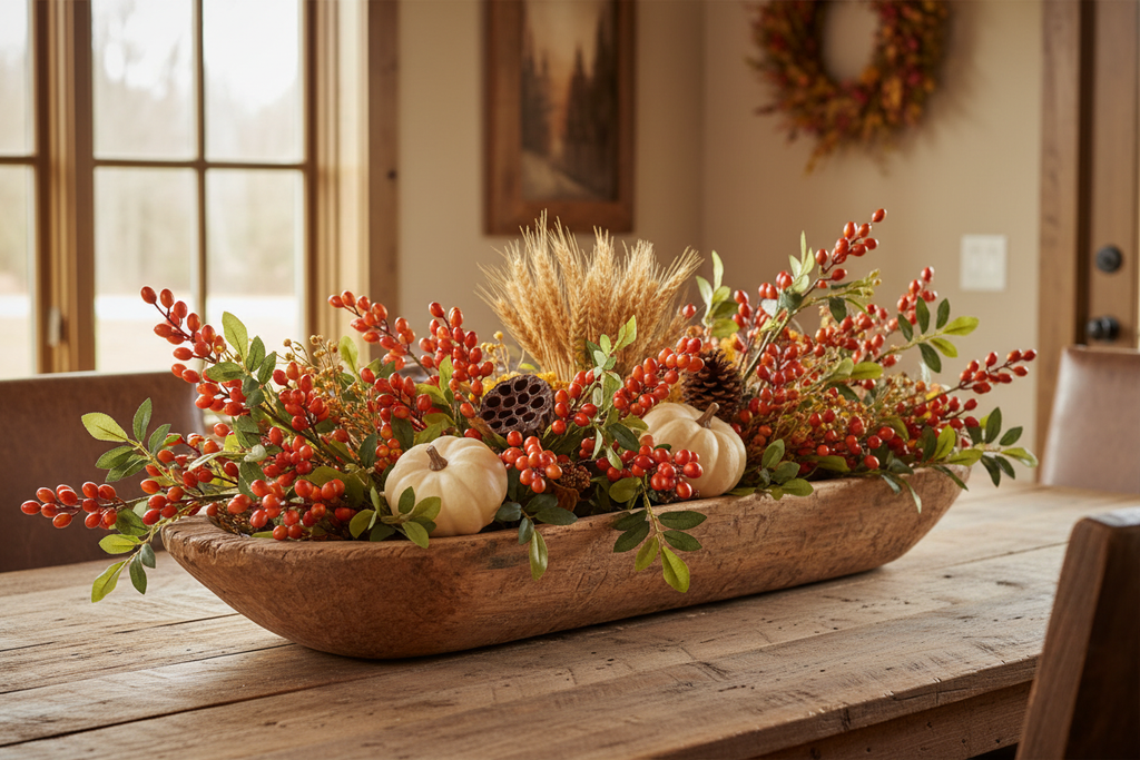 Artificial red-orange bittersweet berry stems arranged horizontally in a vintage wood dough bowl with cream pumpkins, dried wheat, and sage greenery in a rustic farmhouse fall setting