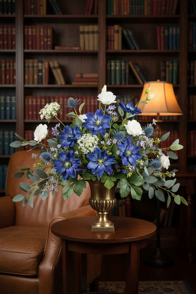 Deep cobalt-navy blue double-layered artificial flower stems with blue thistle and wildflowers in an antique brass urn on a library reading nook side table, dark walnut bookshelves and warm amber lamp light background