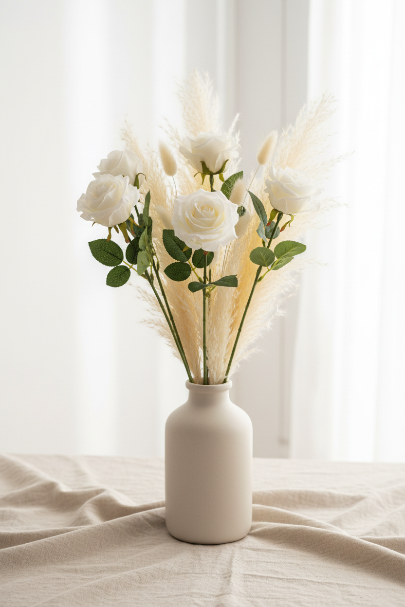 Six artificial white rose stems with green leaves arranged in a neutral ceramic vase with pampas grass on a linen surface in a soft boho styled setting